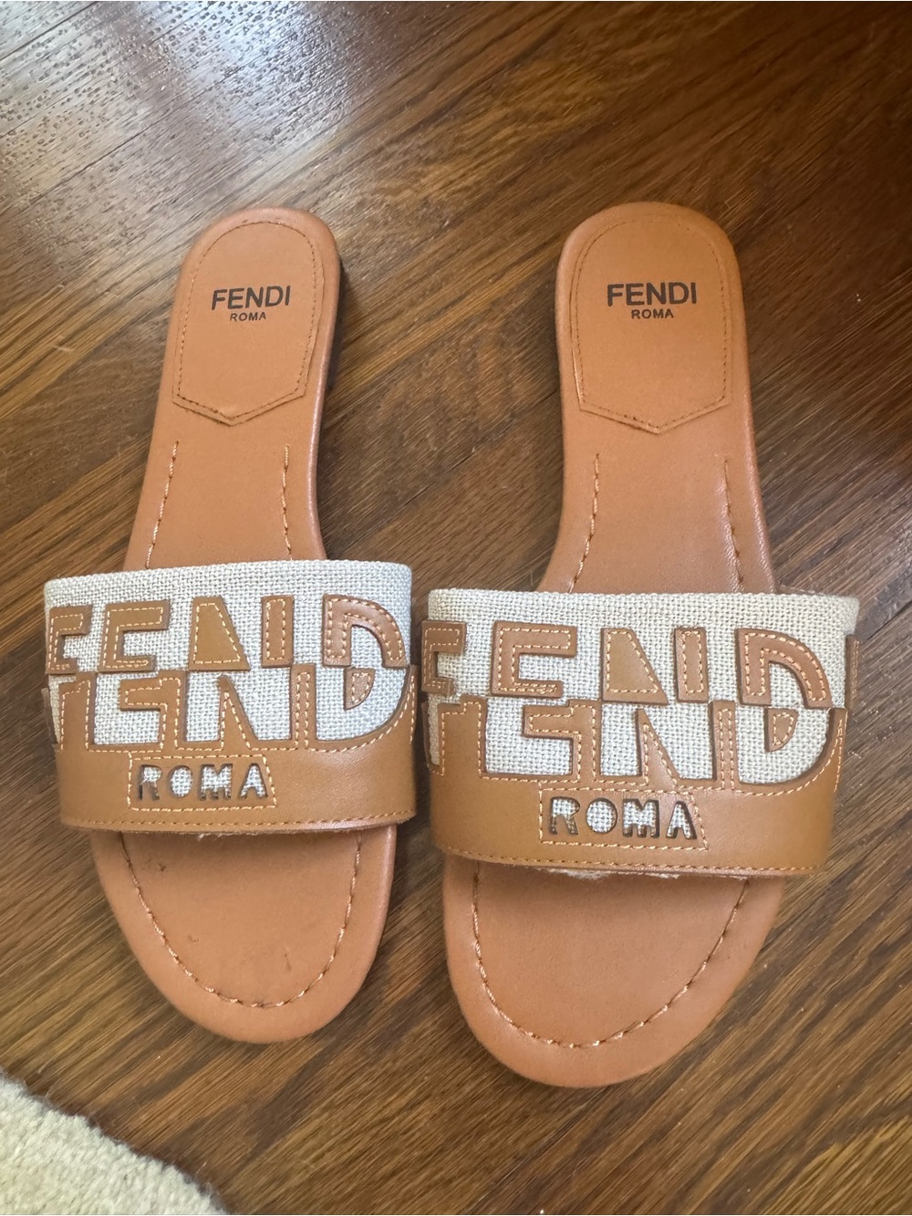 Fendi Inspired Roma Women's Tan Leather Slide Sandals size 7.5